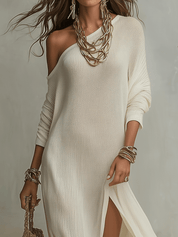 Bohemian One-Shoulder Textured Maxi Dress In Soft Ivory