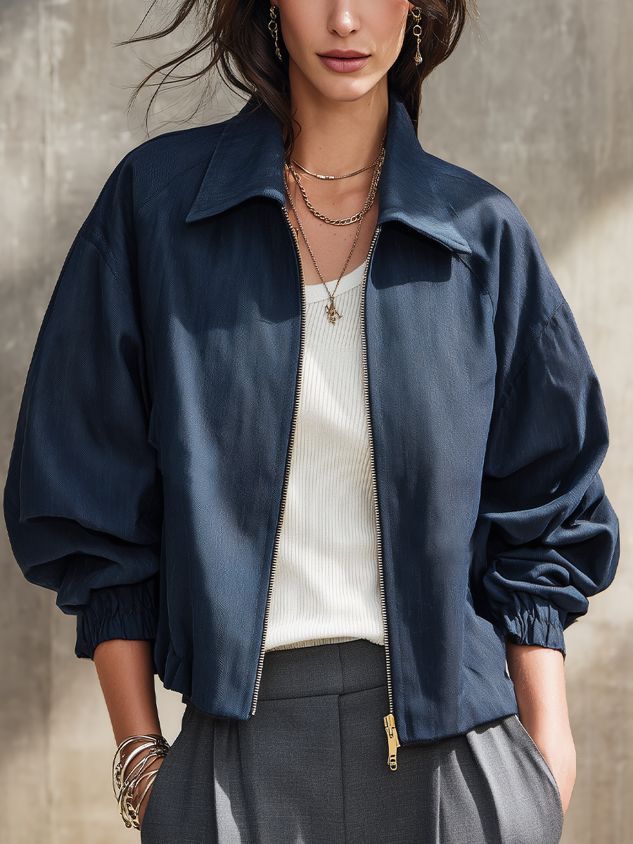 Dark Navy Blue Woven Collar Zipper Jacket
