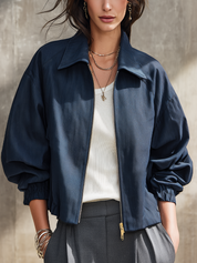 Dark Navy Blue Woven Collar Zipper Jacket