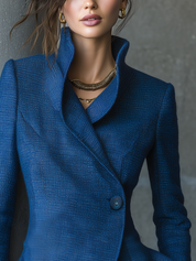 Cobalt Blue Textured Stand-Collar Blazer