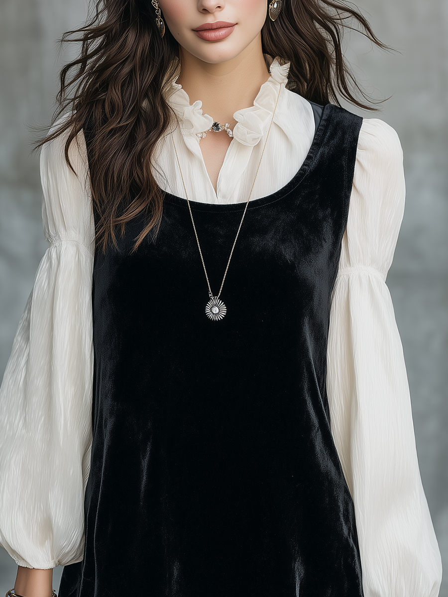 Romantic Black Velvet Dress Lantern Sleeve Shirt Set