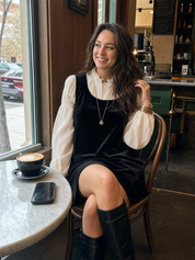 Romantic Black Velvet Dress Lantern Sleeve Shirt Set