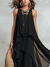 Bohemian Black Layered Chiffon Maxi Dress