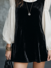 Romantic Black Velvet Dress Lantern Sleeve Shirt Set