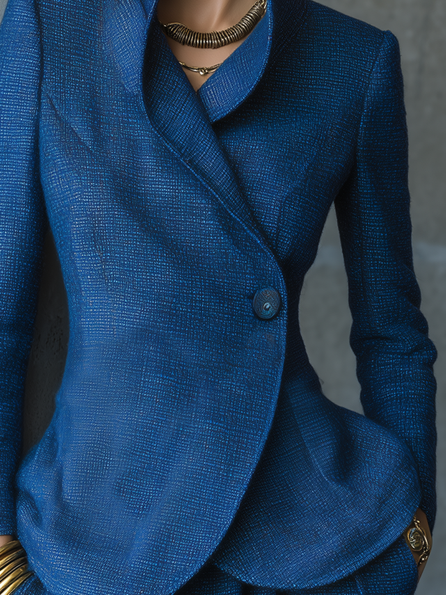 Cobalt Blue Textured Stand-Collar Blazer