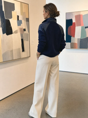 Navy Blue Knitted PU Half-zip Pullover Sweater