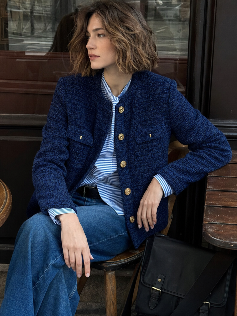 Timeless Navy Textured Gold-Button Jacket