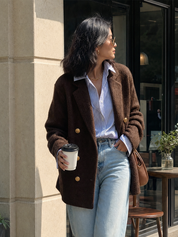 Women's Double-Breasted Knit Blazer with Gold Buttons