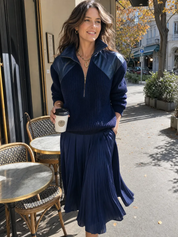 Navy Blue Knitted PU Half-zip Pullover Sweater