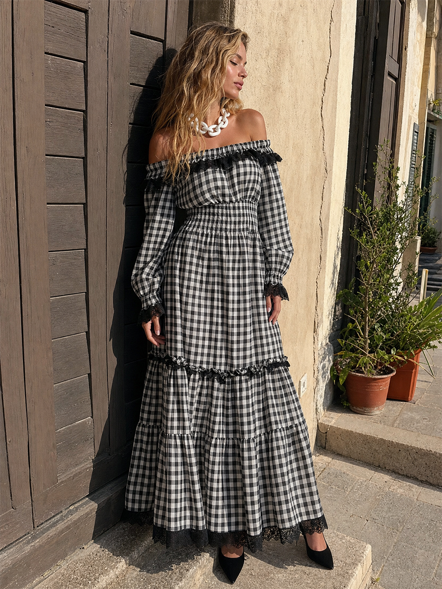 Vintage Romance Off Shoulder Gingham Maxi Dress
