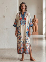 Bohemian Floral Paisley Kaftan Midi Dress In Ivory Blue