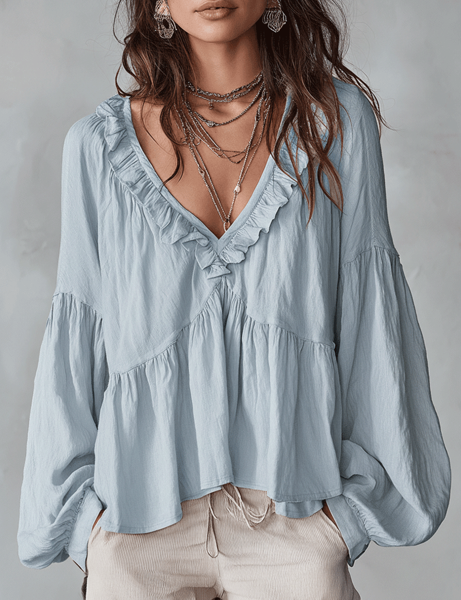 Airy Vintage-Inspired Ruffle Soft Ruffle Bohemian Blouse