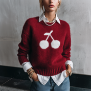 Women's Cherry Intarsia Crew Neck Mohair Sweater