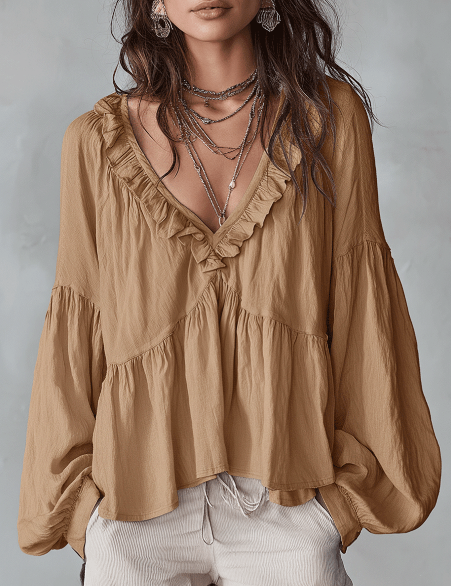 Airy Vintage-Inspired Ruffle Soft Ruffle Bohemian Blouse