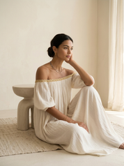 Bohemian Style Off-the-shoulder Pleated Ivory Long Dress
