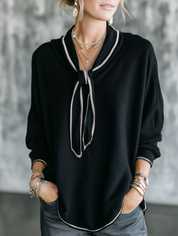 Women's Contrast Trim Tie-Neck Long Sleeve Top