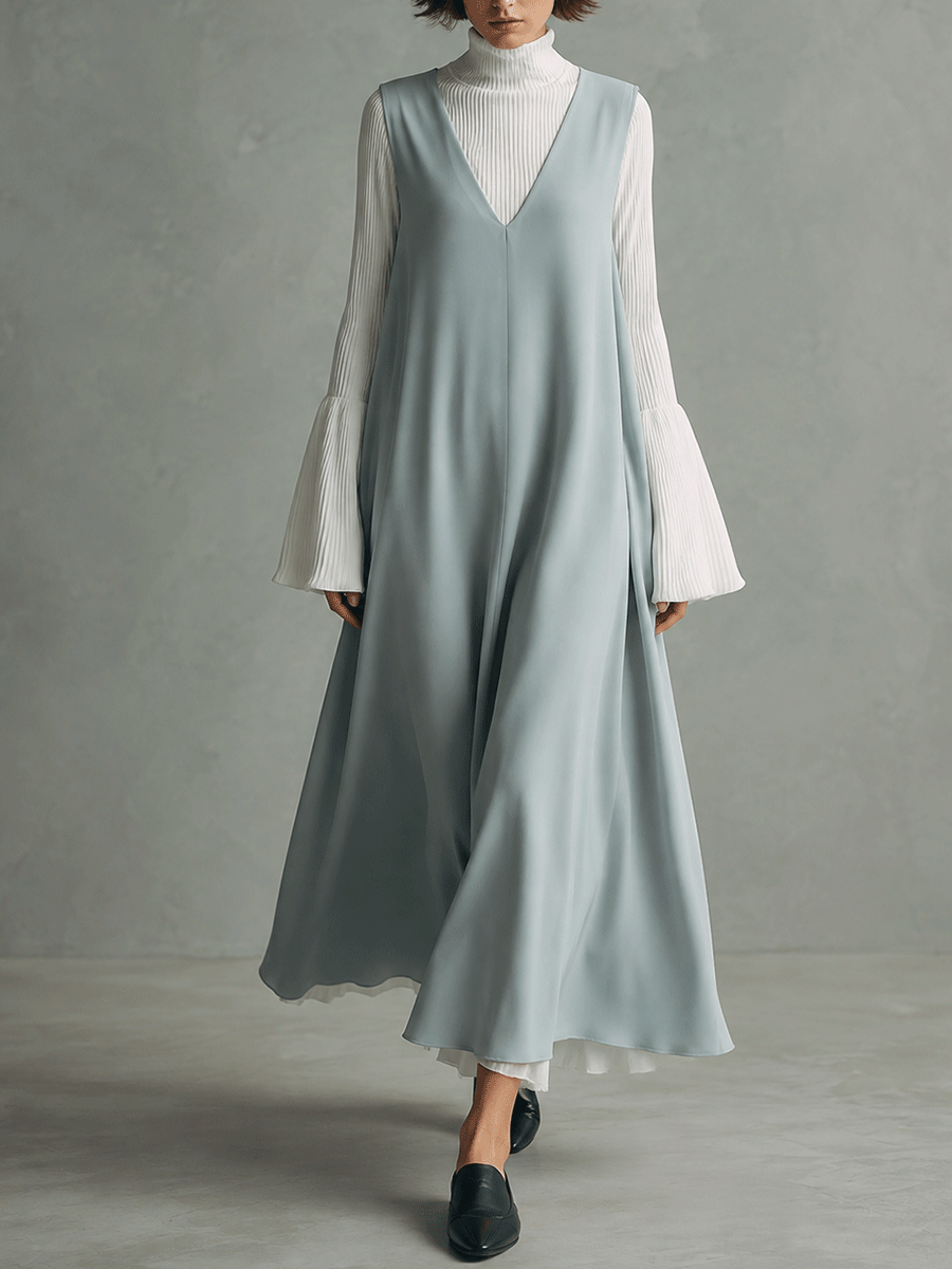 Sleeveless V-Neck Maxi Dress With Layered Turtleneck Top Set