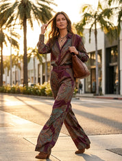 Paisley Print Satin Long Sleeve Shirt & Wide Leg Pants Set