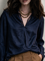 Effortless Navy Satin Relaxed Shirt Top