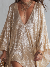 Champagne-colored Sequined Bohemian-style Mini Dress