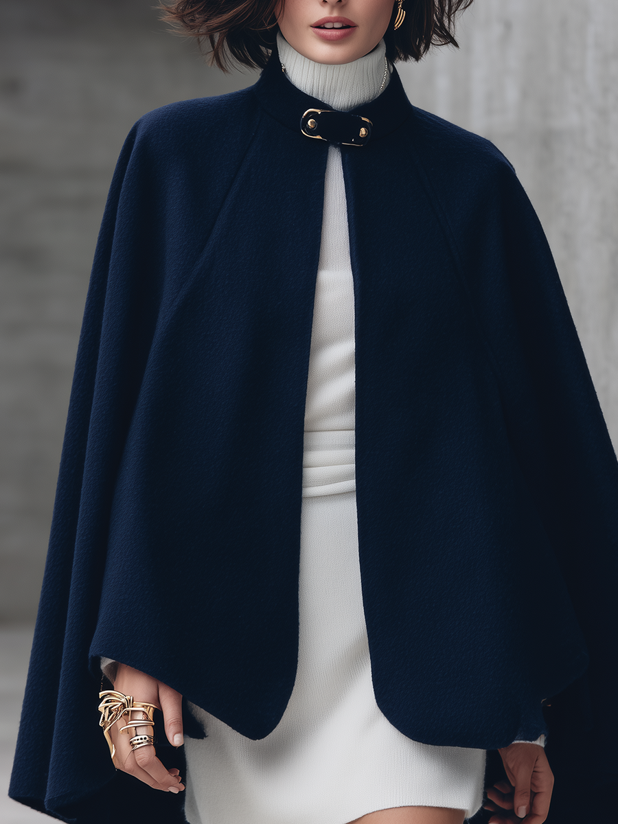 Elegant Navy Wool-Blend High-Neck Buckle Cape Coat