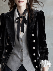 Vintage Black Velvet Puff Sleeve Double Breasted Tailored Blazer