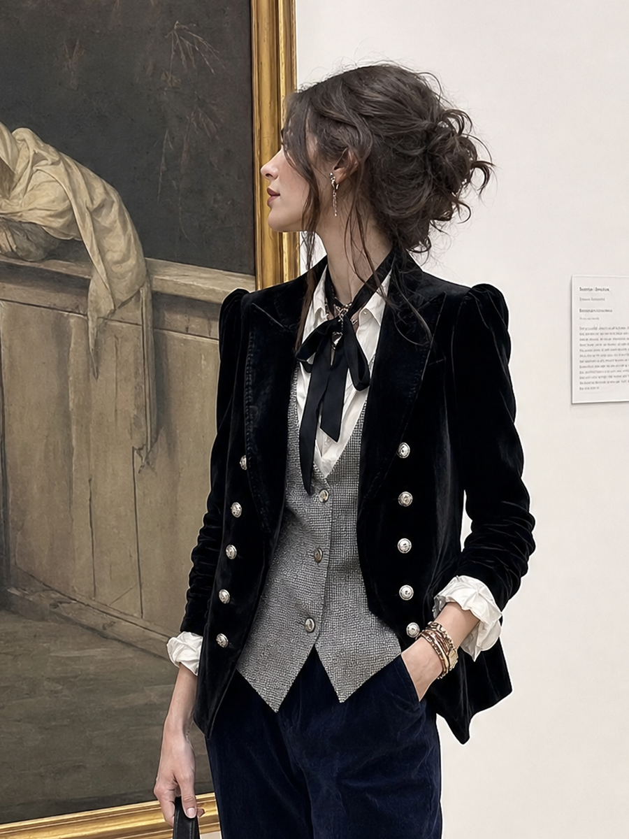 Vintage Black Velvet Puff Sleeve Double Breasted Tailored Blazer