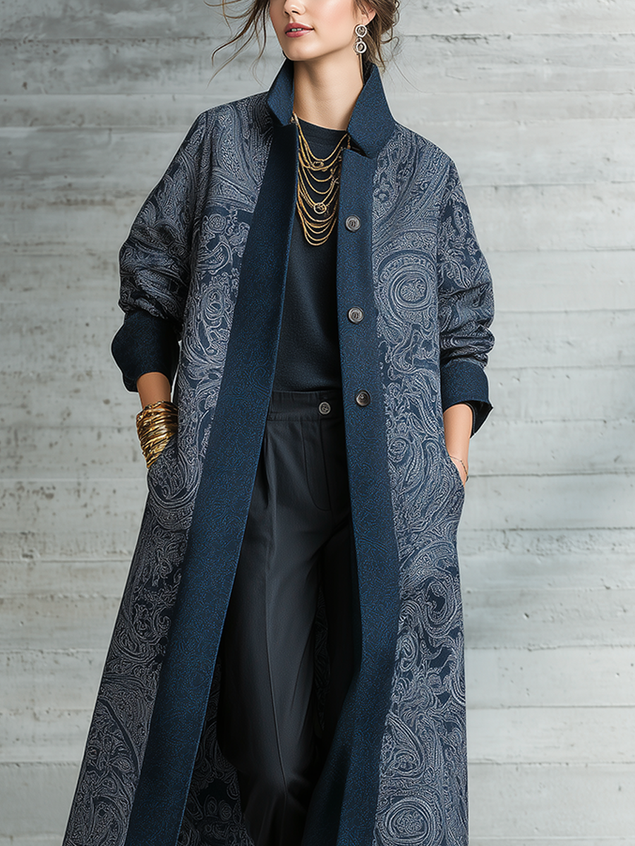 Bohemian Navy Paisley Trim Longline Coat