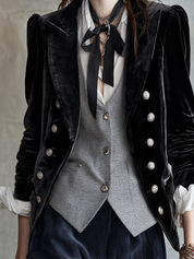 Vintage Black Velvet Puff Sleeve Double Breasted Tailored Blazer