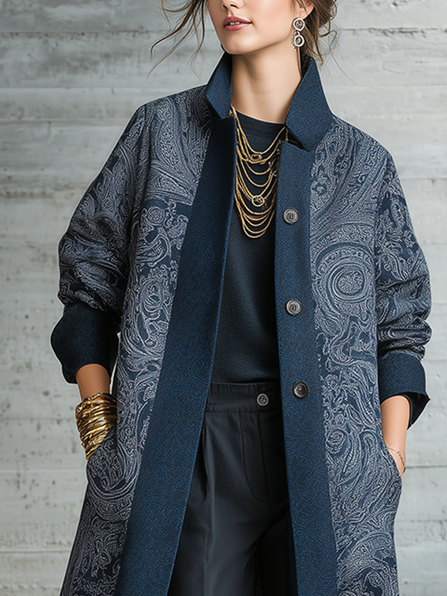 Bohemian Navy Paisley Trim Longline Coat