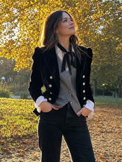 Vintage Black Velvet Puff Sleeve Double Breasted Tailored Blazer