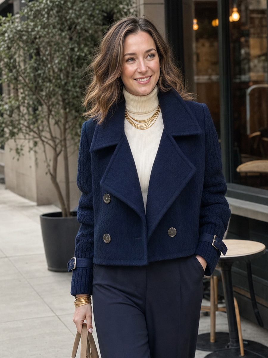 Modern Navy Textured Lapel Double-Breasted Jacket