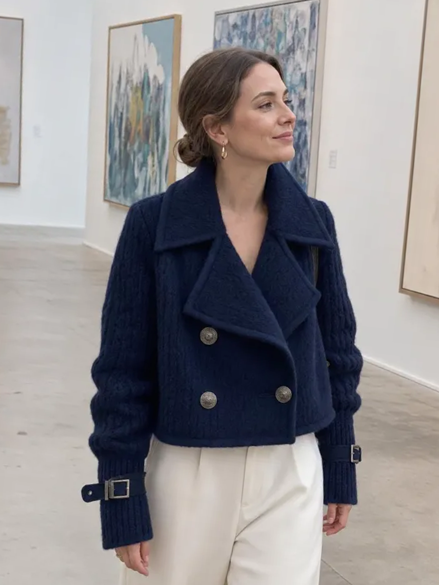 Modern Navy Textured Lapel Double-Breasted Jacket