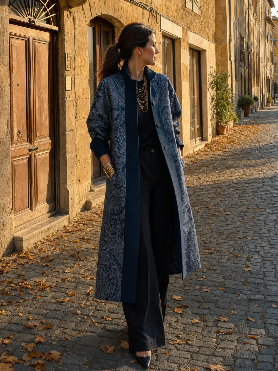 Bohemian Navy Paisley Trim Longline Coat