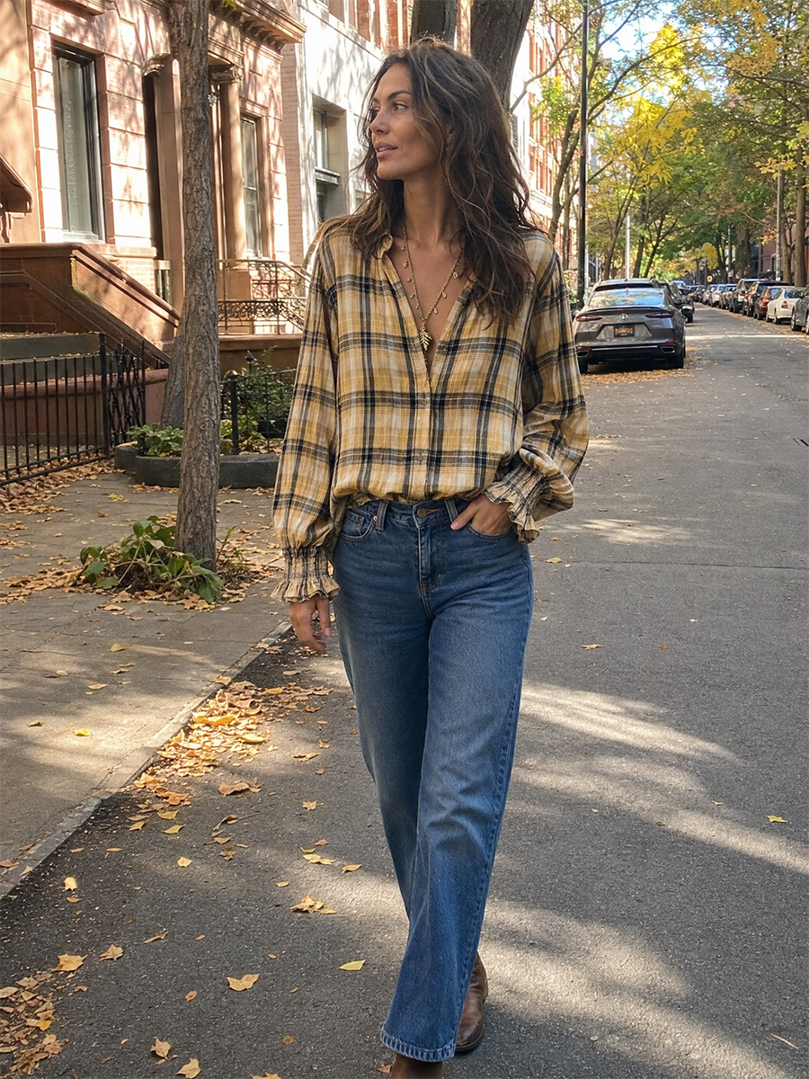 Plaid Long Sleeve Button-Up Shirt With Smocked Cuffs Top