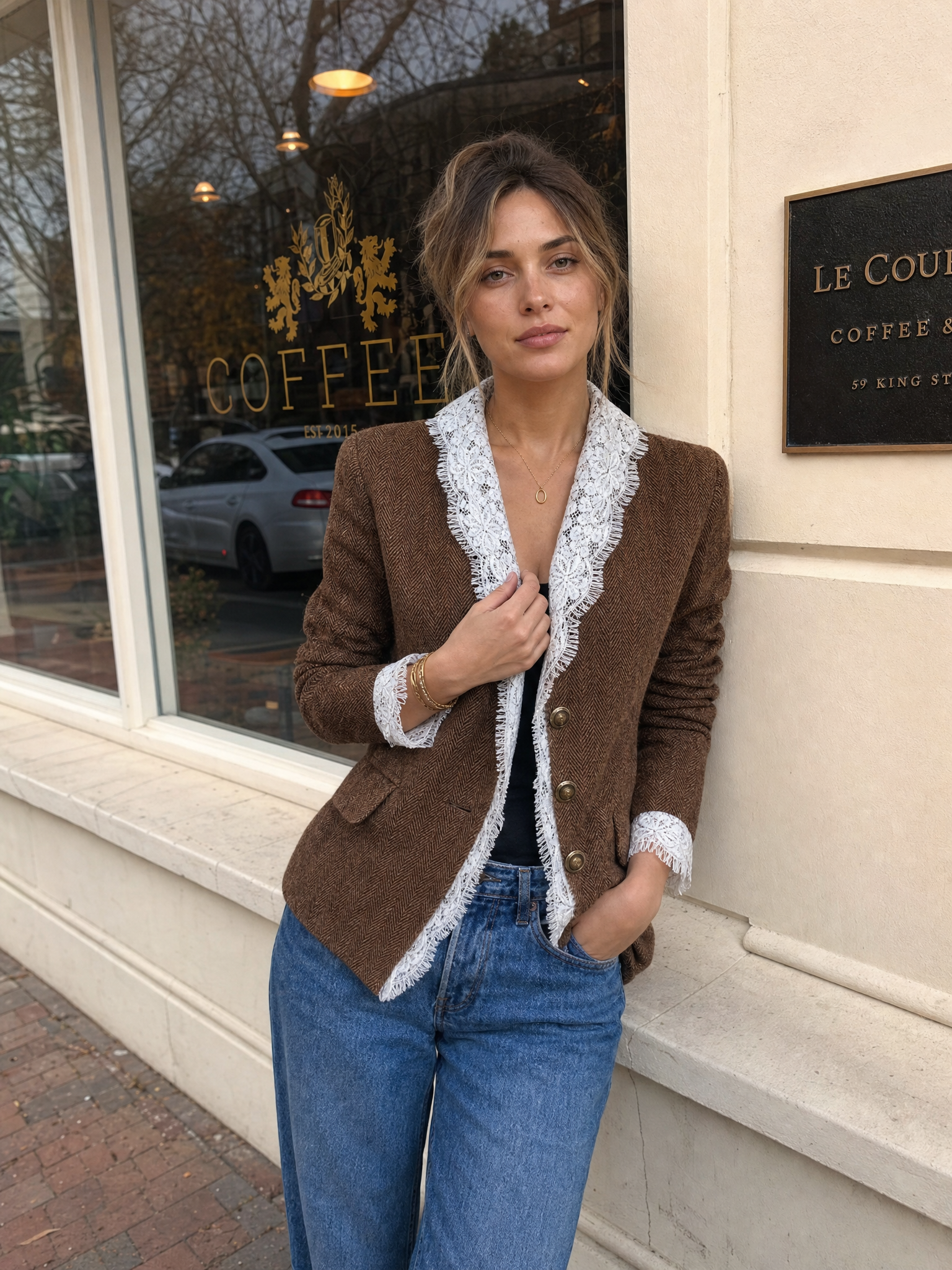 Romantic Luxe Lace Trim Herringbone Blazer