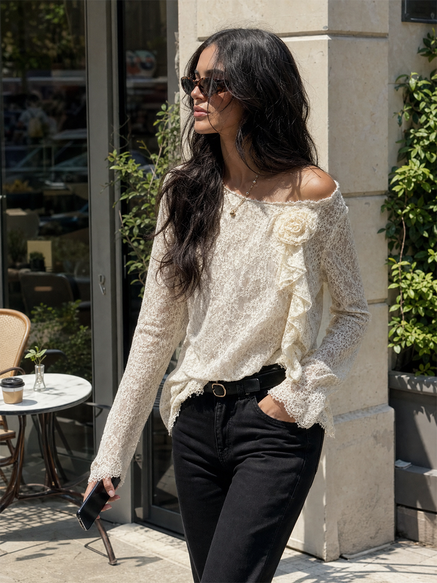 Vintage Boho Floral Appliqué Sheer Lace Top
