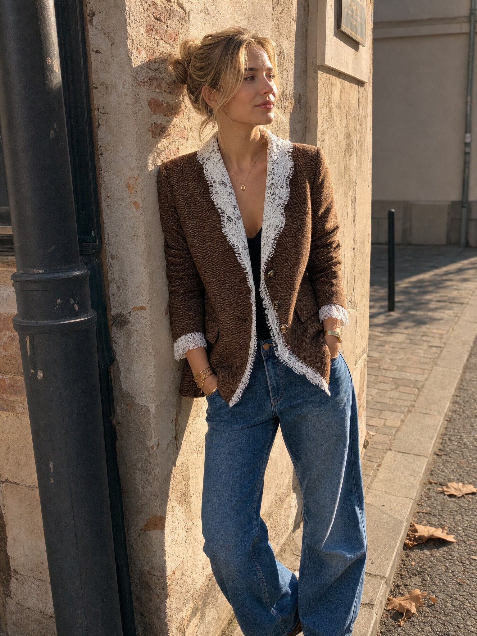 Romantic Luxe Lace Trim Herringbone Blazer