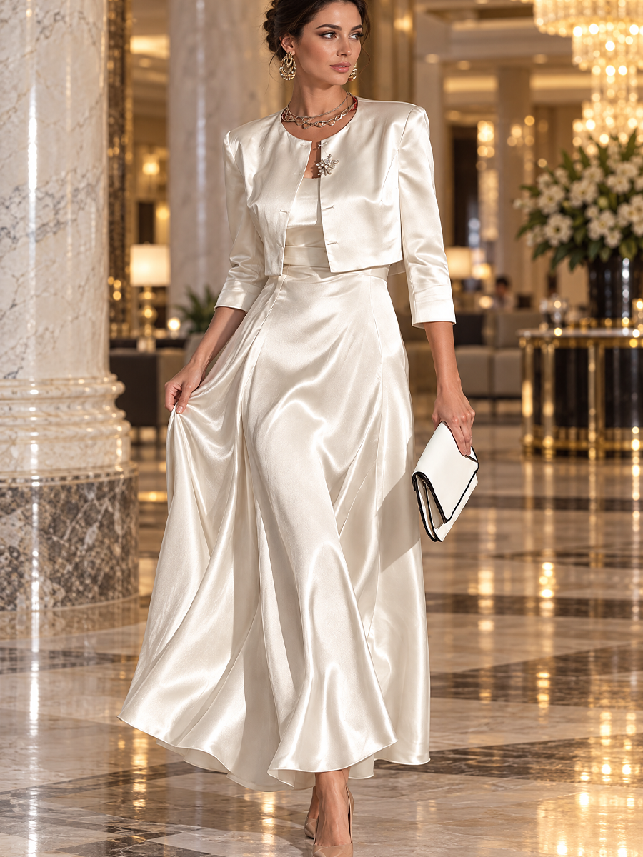ivory cropped jacket to wear over dress Elegant Satin & Maxi Set – Ginariel side slit maxi satin dress