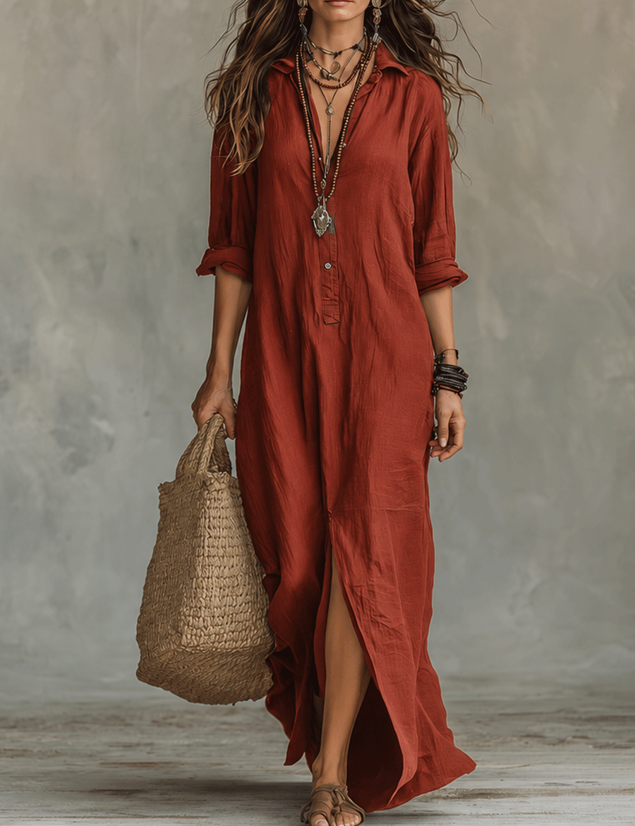 Black Button-Front Bohemian Shirt Maxi Dress