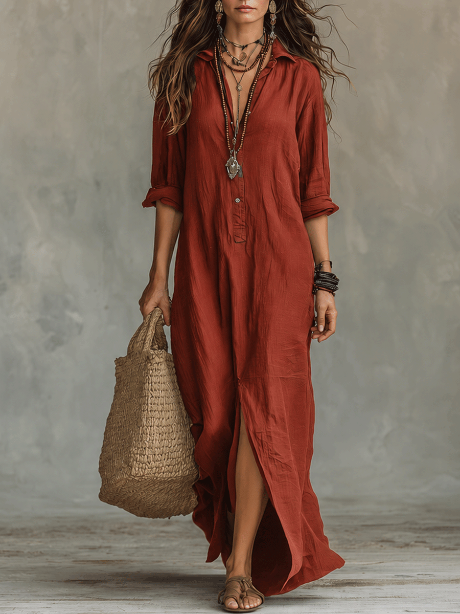Black Button-Front Bohemian Shirt Maxi Dress