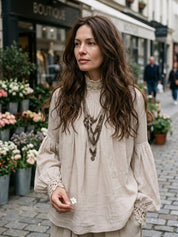 Lace-trimmed Pleated Cotton Linen Blouse