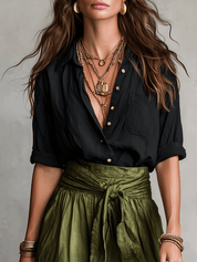 Effortless Boho Black Blouse & Olive Satin Midi Skirt Set