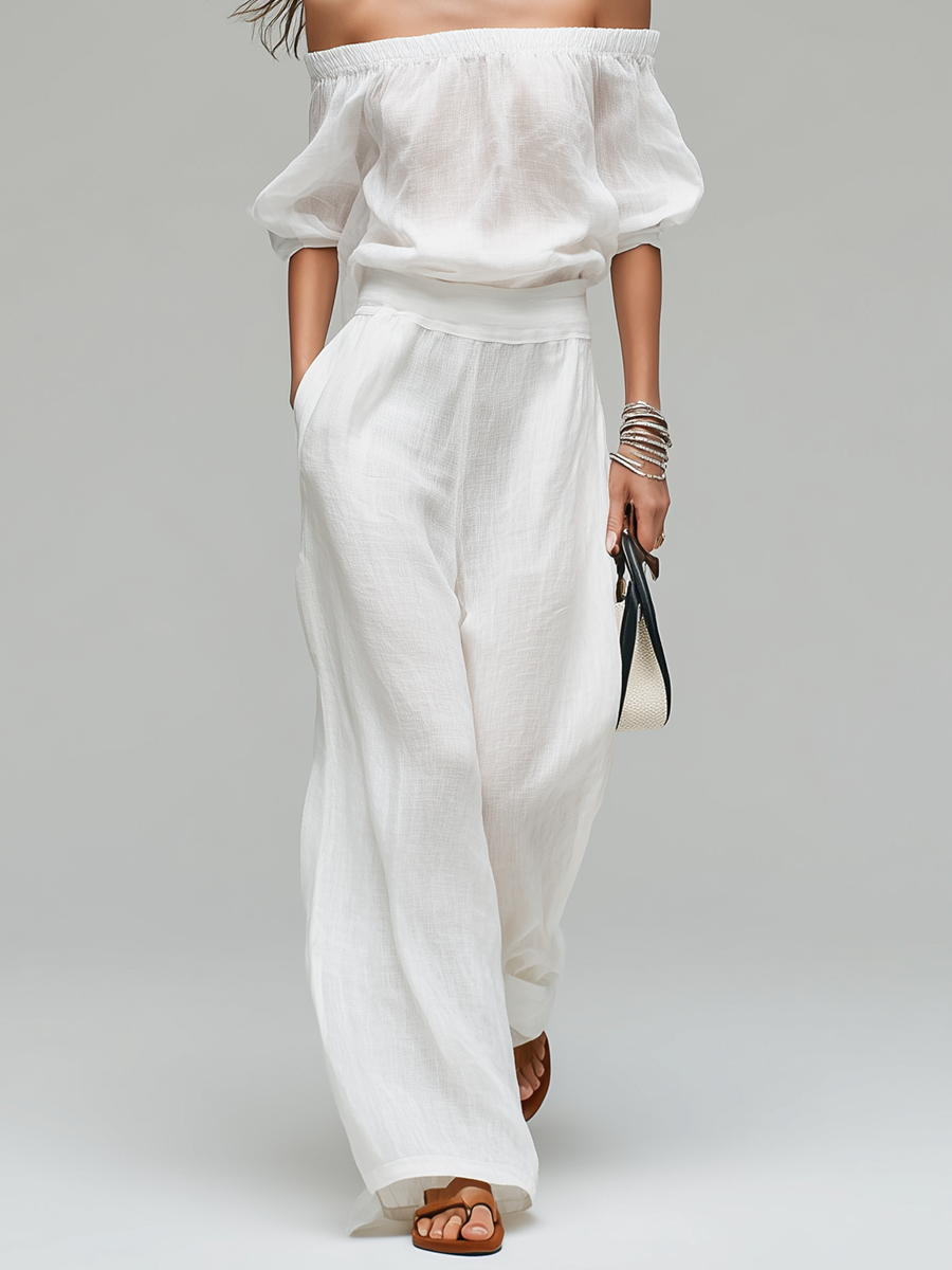 White Off-the-shoulder Linen Blend Top And Wide-leg Pants Set