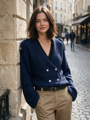 Autical Luxe Navy Double-Breasted Knit Cardigan Top