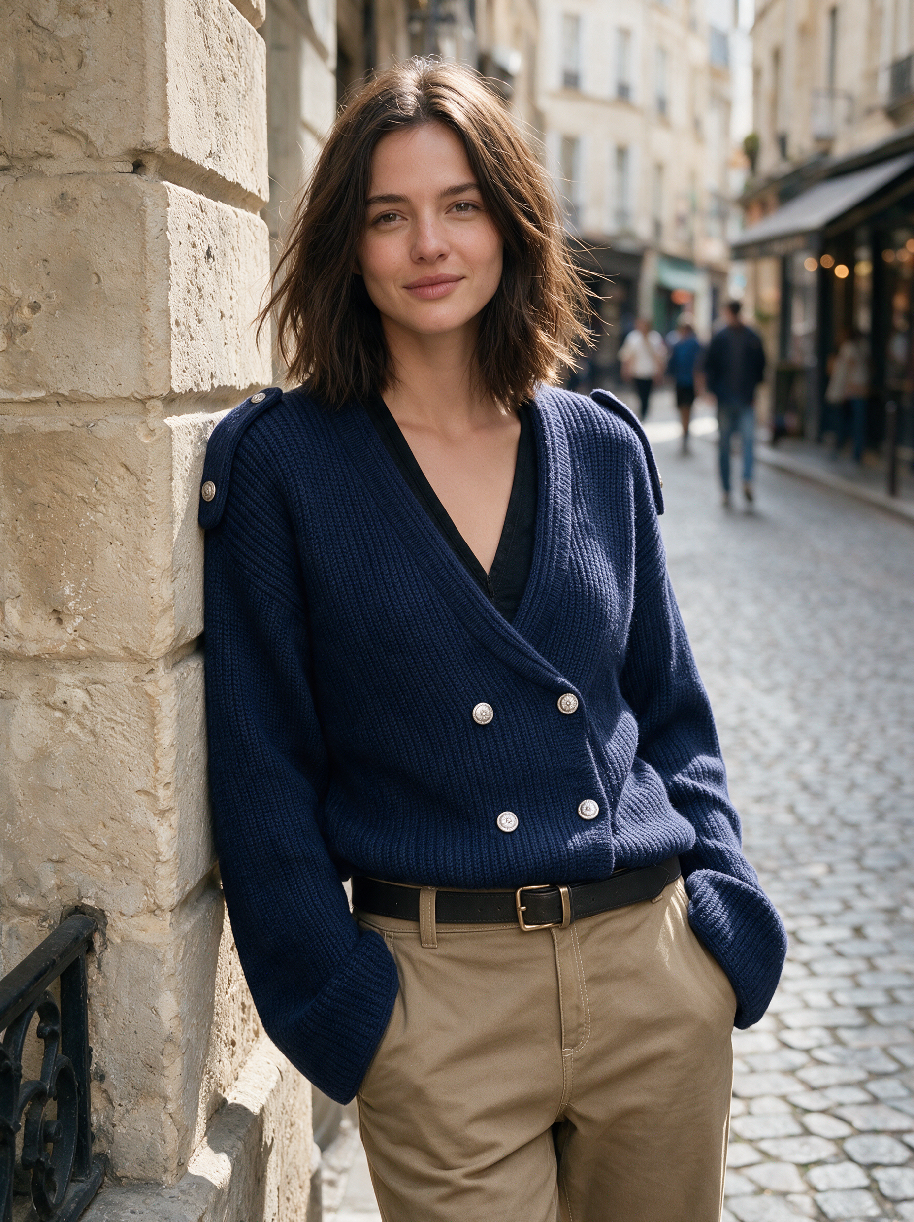 Autical Luxe Navy Double-Breasted Knit Cardigan Top