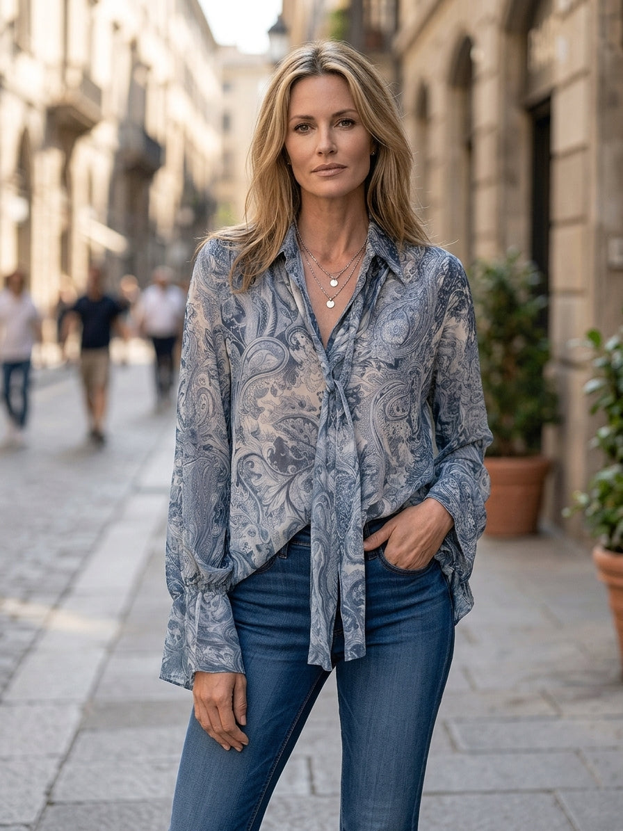 Women's Paisley Print Chiffon Tie Neck Blouse