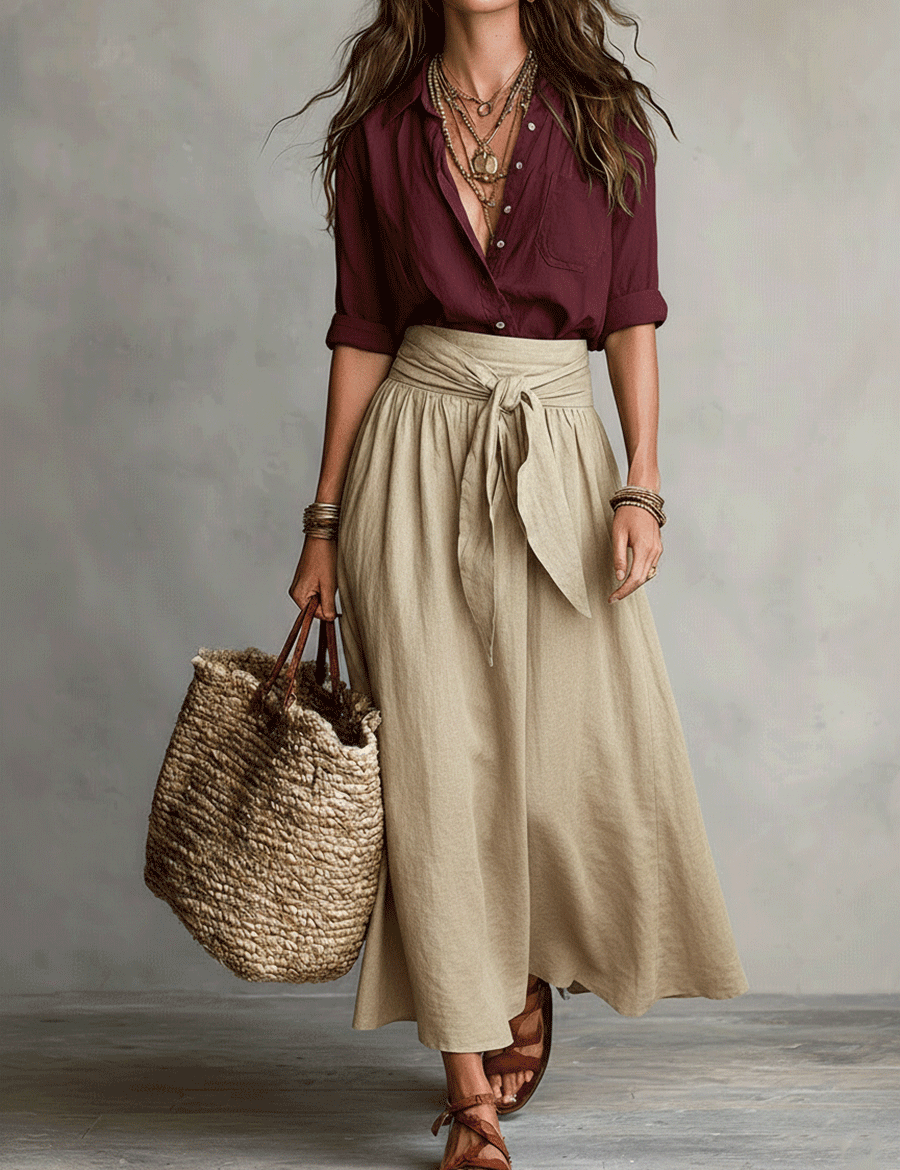 Effortless Boho Black Blouse & Olive Satin Midi Skirt Set