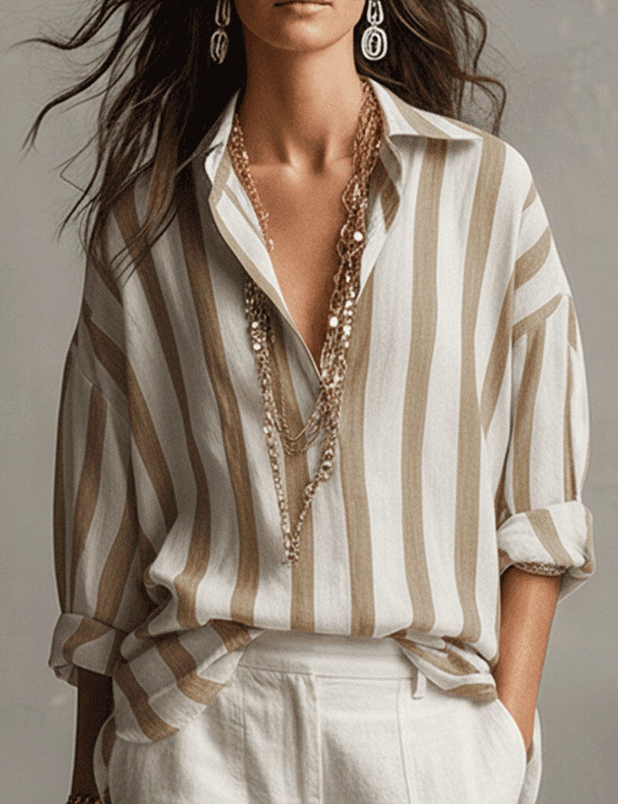 Casual Striped Cotton And Linen Long-Sleeved Shirt