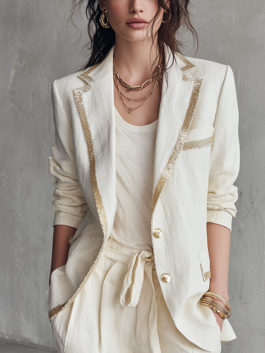 Ivory Linen Gold-Trim Tailored Blazer